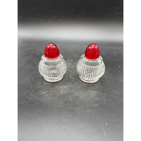 Other - Vintage Ribbed Clear Glass Salt and Pepper Shakers with Red Plastic Lids Set